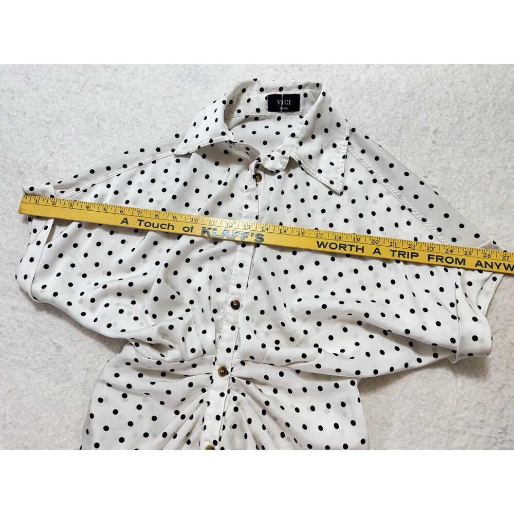 VICI Midi Shirt Dress Black White Polka-dot Print Gathered Front Draping Size S - Picture 7 of 8